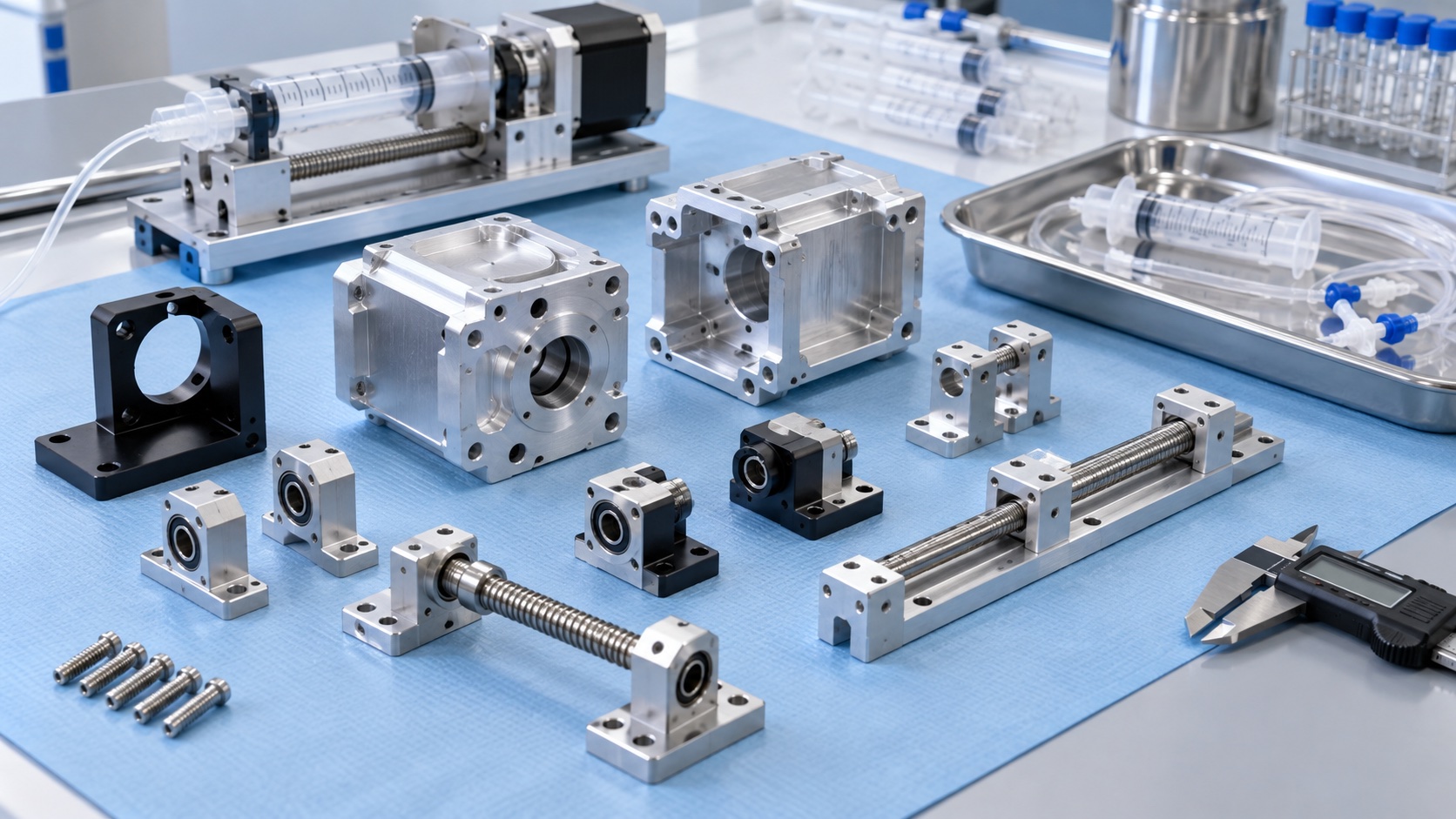 CNC-Bearbeitung von Antriebskomponenten fuer medizinische Spritzenpumpen: Getriebegehaeuse, Spindelhalter und Motorhalter