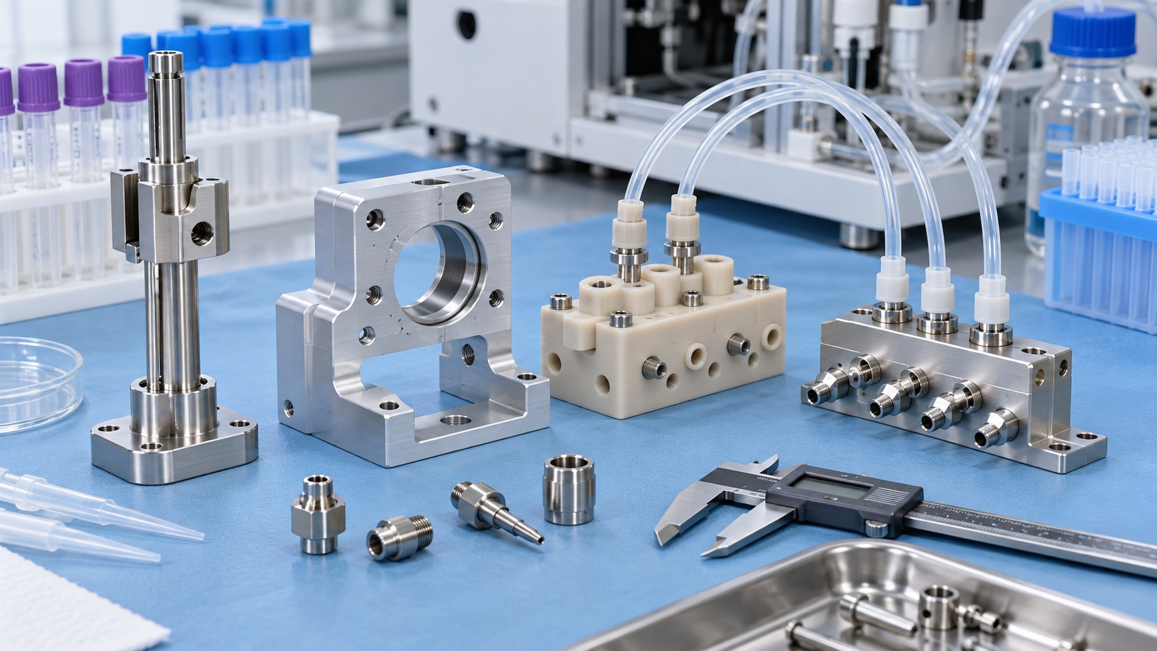 CNC-Bearbeitung von IVD-Haematologieanalysator-Komponenten: Probenhalter, Reagenzventilbloecke und Waschverteiler