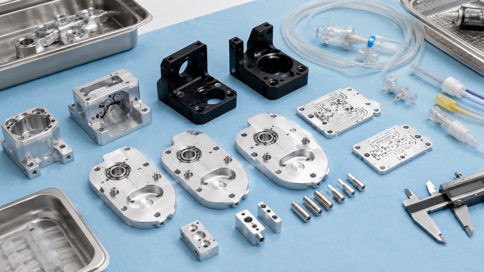 Mecanizado CNC de componentes para bombas de infusion medicas: portarrollos, soportes de motor y placas de valvula
