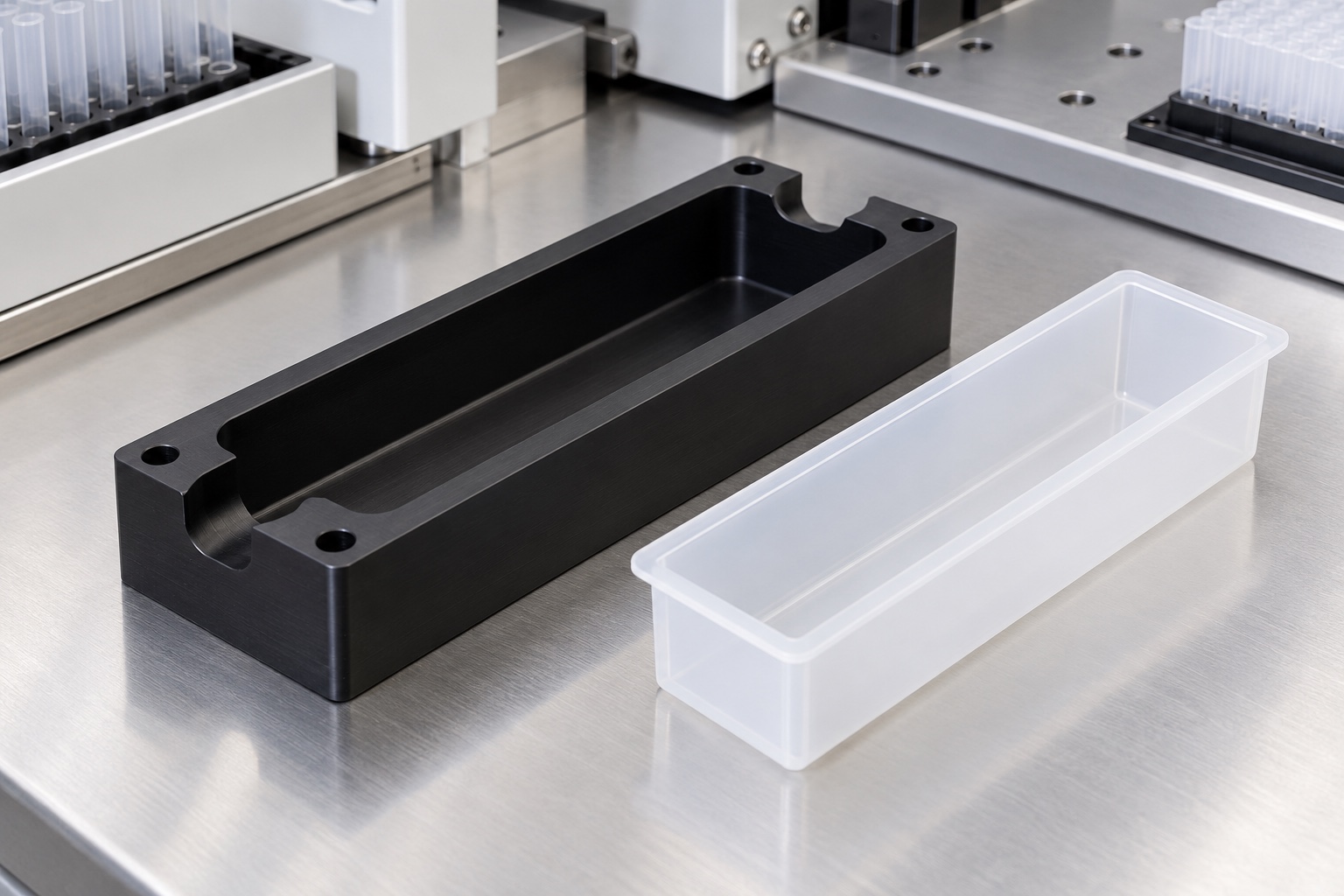 Soporte de POM negro para depósito de reactivos: ejemplo CNC