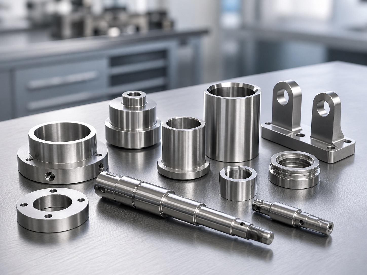 Custom CNC machined stainless steel parts including shafts, bushings and precision components