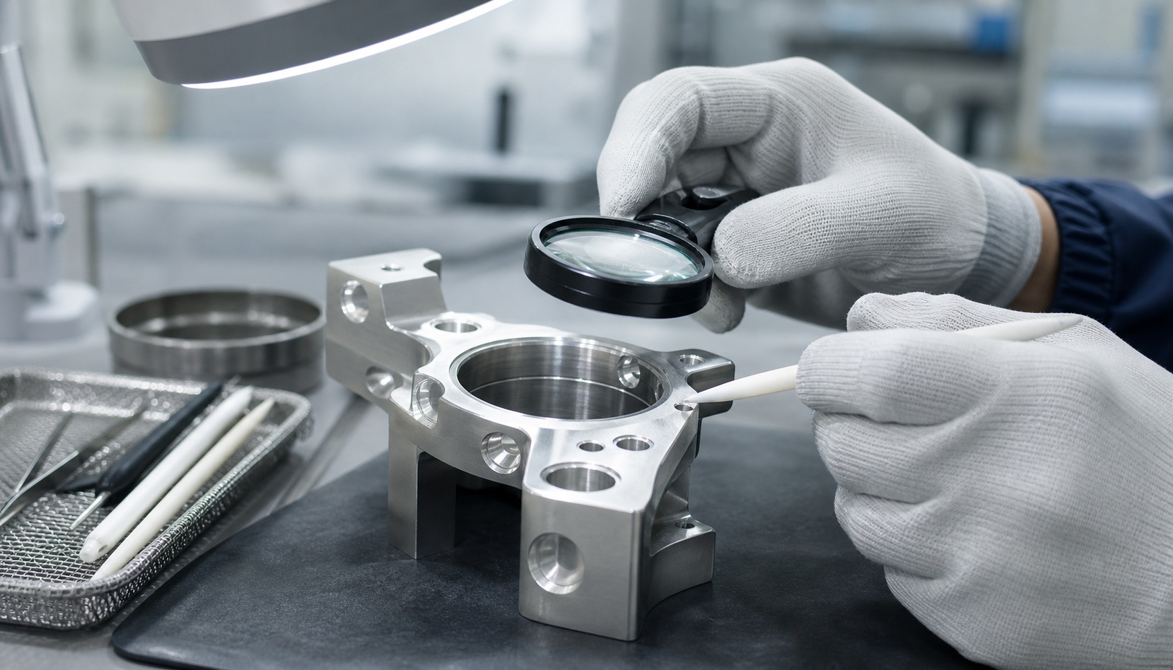 Manual deburring and visual inspection of a robot precision machined part