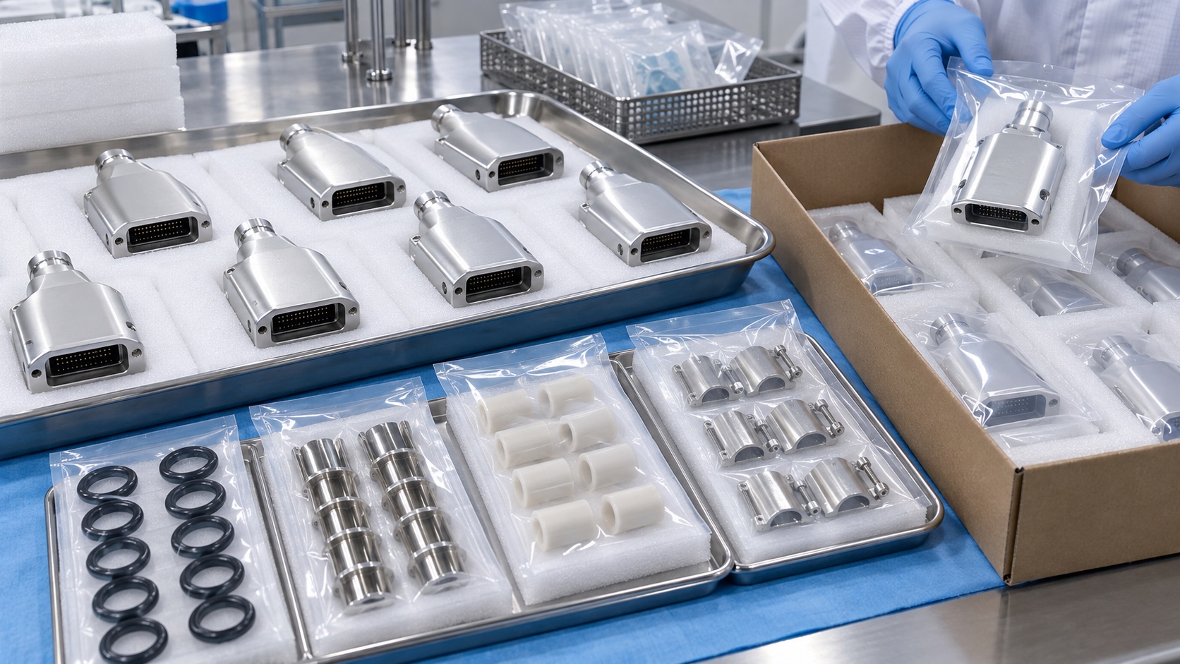 Clean packed ultrasound connector housing batch
