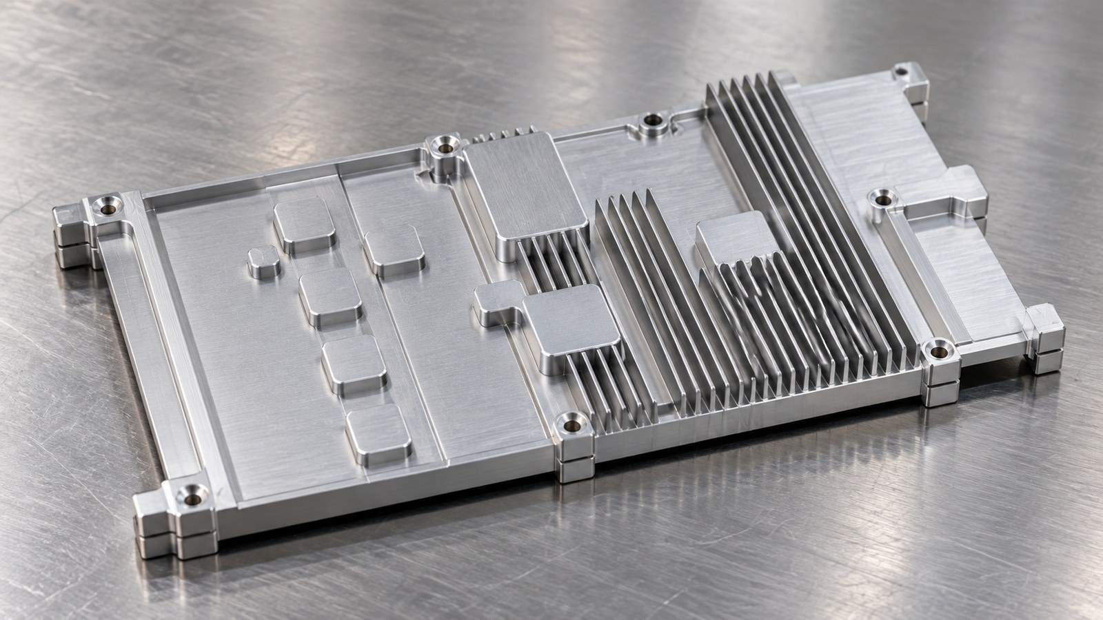 Revision de mecanizado de un disipador de aluminio con aletas y patrones de agujeros para modulos electronicos