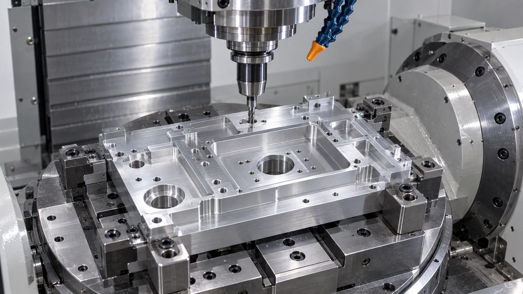 Five-axis machining of an aluminum optical base plate