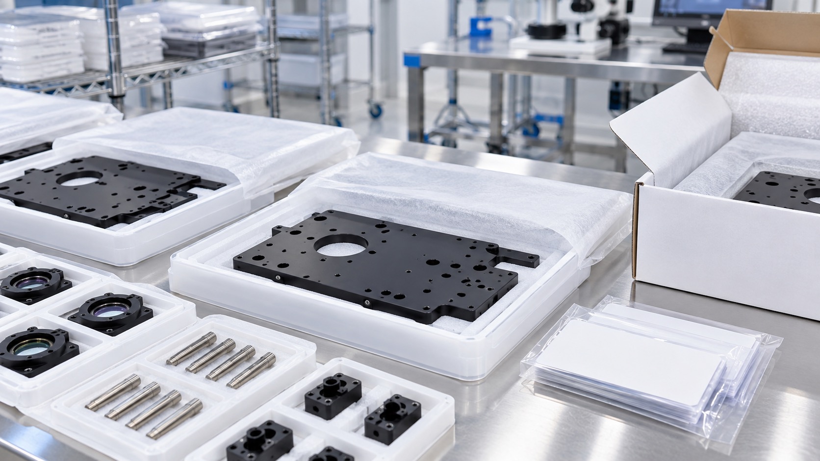 Clean protected packaging for optical platform components