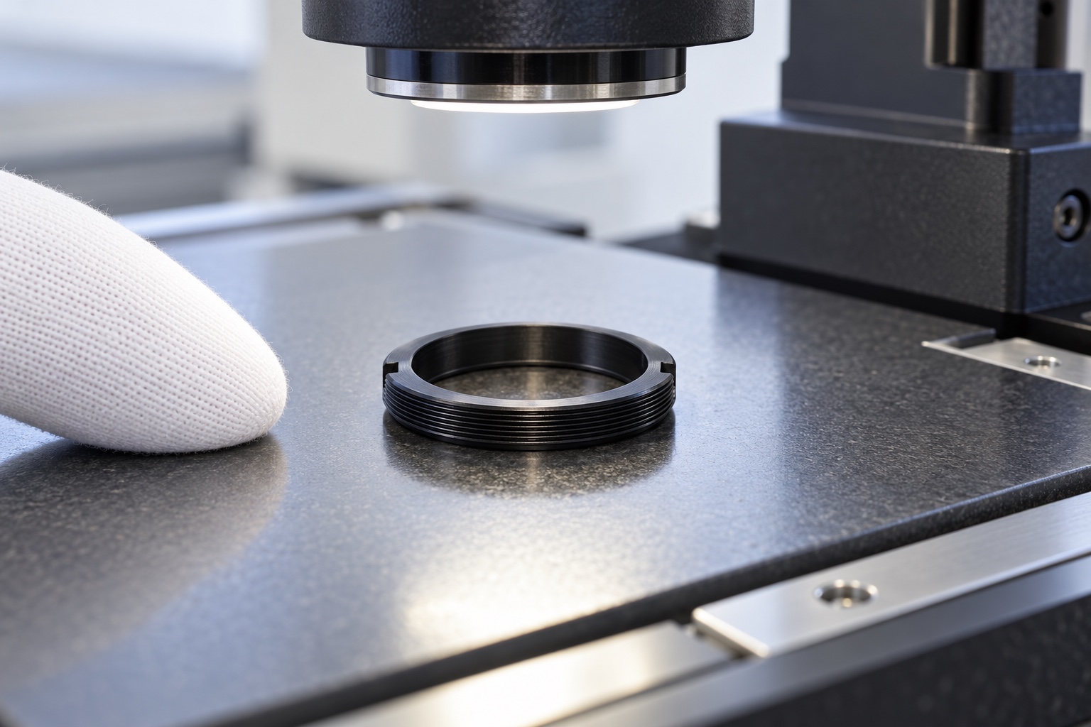 Illustrative inspection setup; no measured result: Black POM Photometer Filter Retaining Ring: Representative Precision Turning Case
