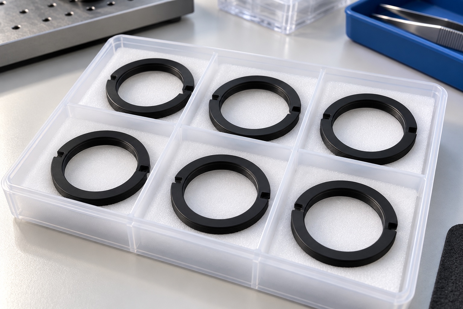 Illustrative protective packaging; not sterile delivery: Black POM Photometer Filter Retaining Ring: Representative Precision Turning Case