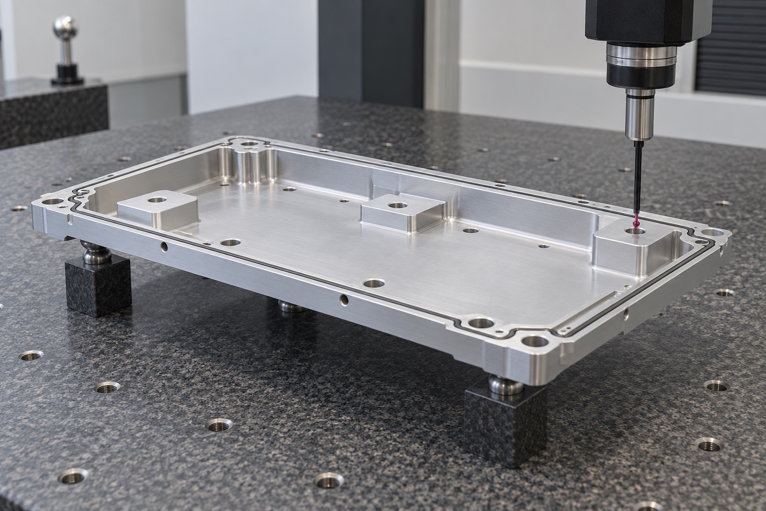 Montaje de inspección ilustrativo; sin resultado medido: Placa de vacío de aluminio 6061 para cartuchos: ejemplo de fabricación CNC