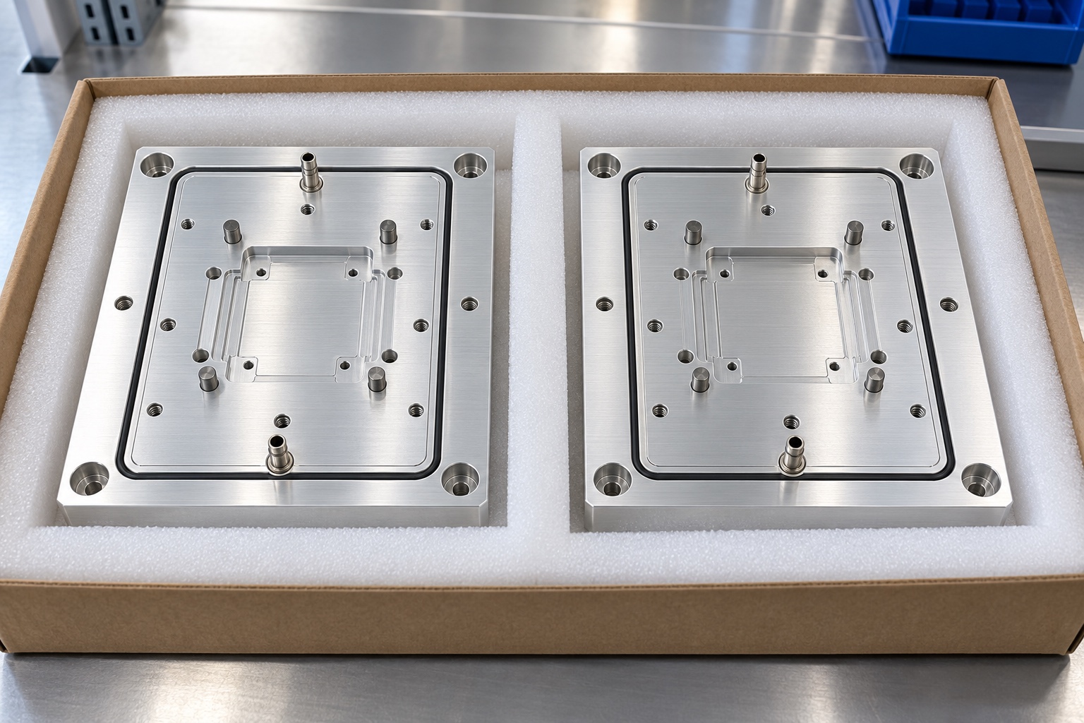 Embalaje protector ilustrativo; no es entrega estéril: Placa de vacío de aluminio 6061 para cartuchos: ejemplo de fabricación CNC