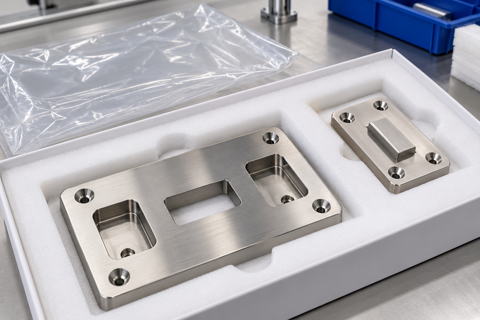 Illustrative protective packaging; not sterile delivery: 316L Medical Equipment Docking Receiver: Representative CNC Manufacturing Example