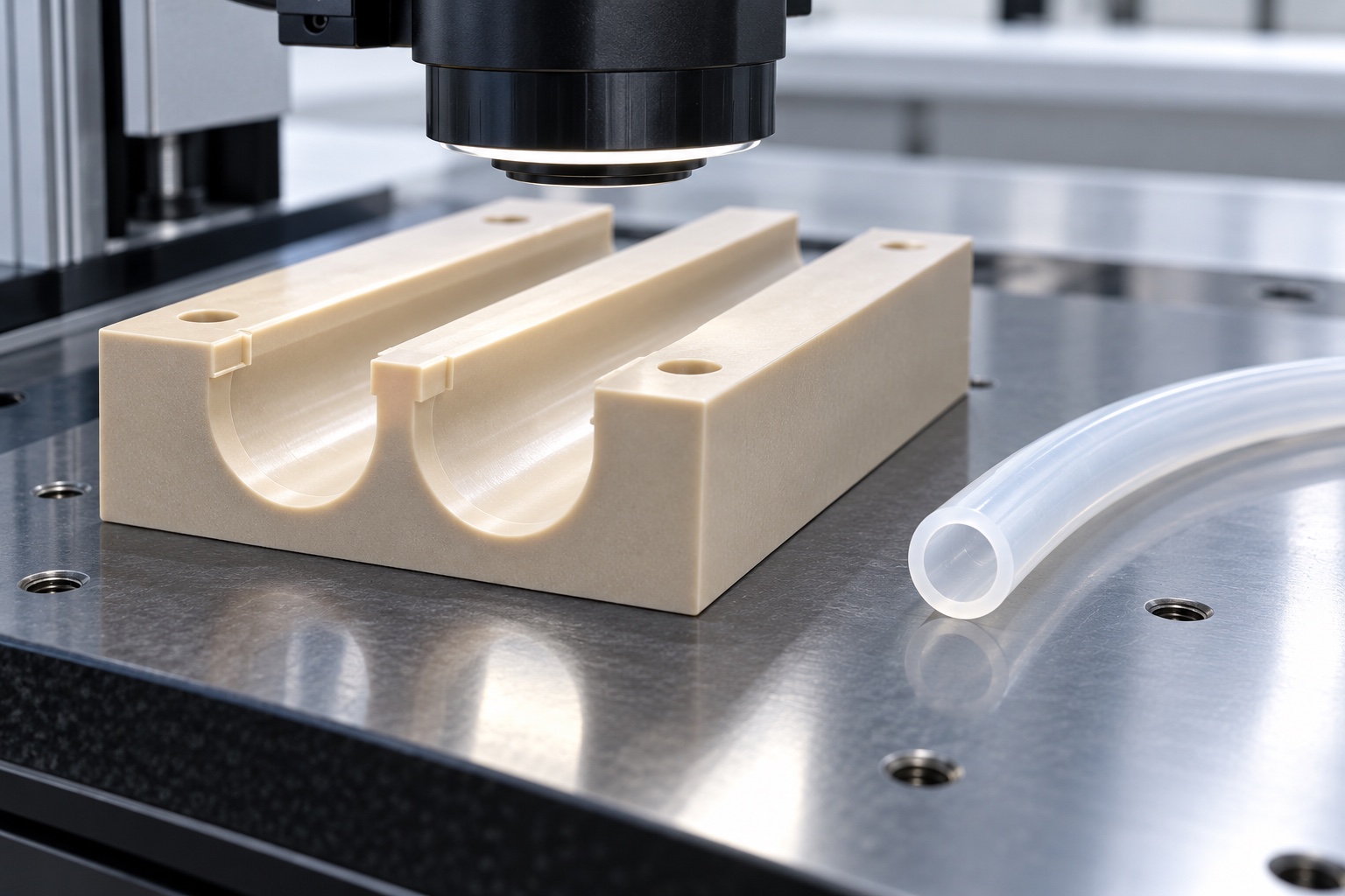 Illustrative inspection setup; no measured result: PEEK Pinch-Valve Tube Guide Block: Representative CNC Manufacturing Example