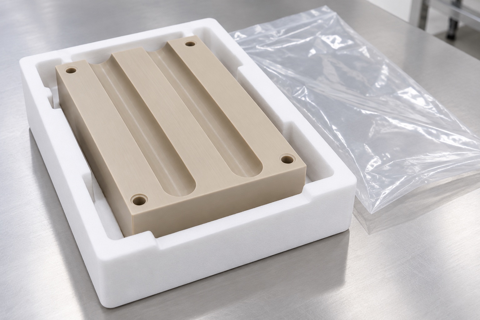 Illustrative protective packaging; not sterile delivery: PEEK Pinch-Valve Tube Guide Block: Representative CNC Manufacturing Example