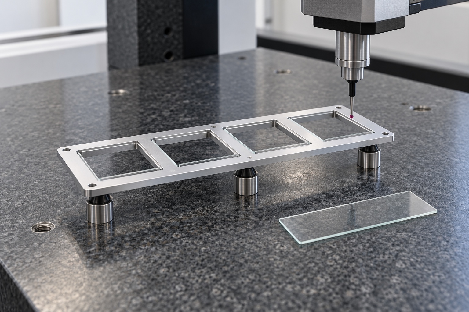 Illustrative inspection setup; no measured result: 6061 Aluminum Slide Scanner Carrier: Representative CNC Manufacturing Example