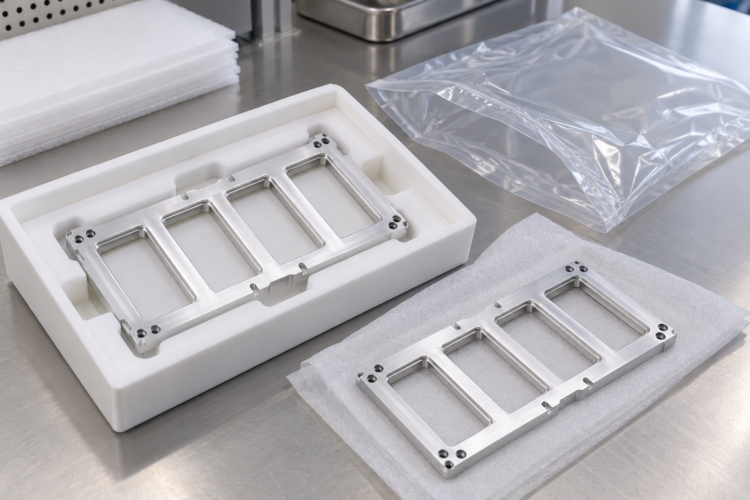 Illustrative protective packaging; not sterile delivery: 6061 Aluminum Slide Scanner Carrier: Representative CNC Manufacturing Example
