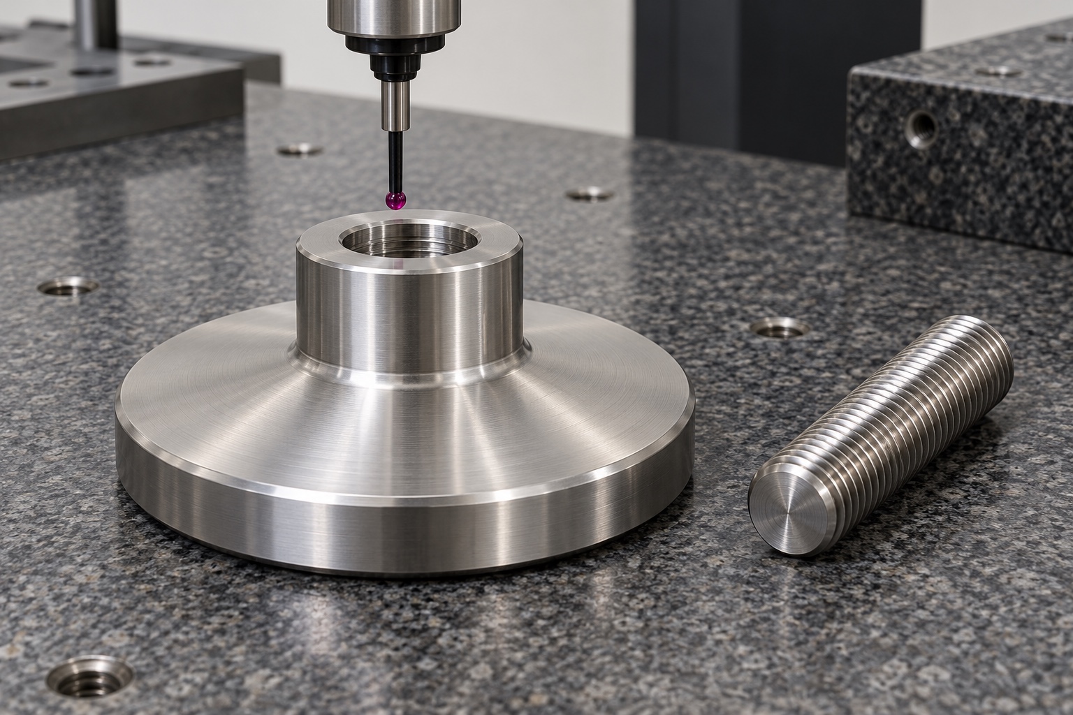 Illustrative inspection setup; no measured result: 316L Medical Laboratory Leveling-Foot Pad: Representative CNC Turning Example