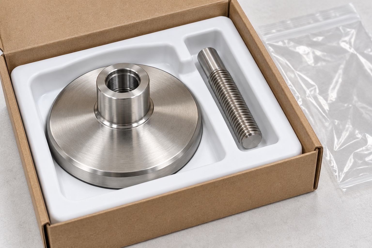 Illustrative protective packaging; not sterile delivery: 316L Medical Laboratory Leveling-Foot Pad: Representative CNC Turning Example