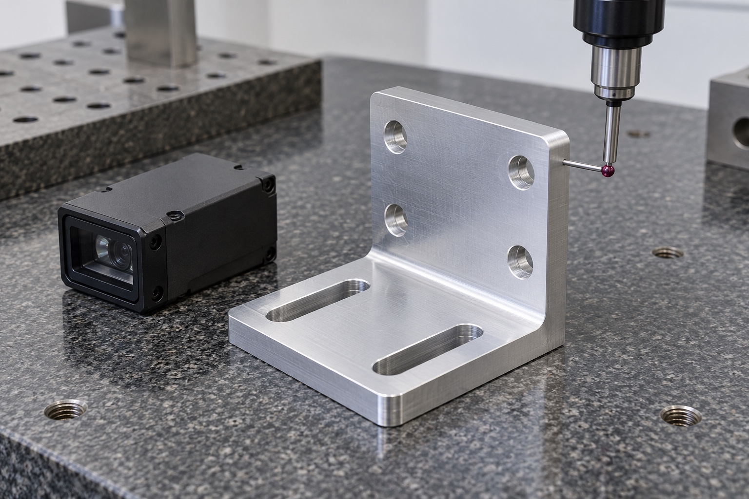 Illustrative inspection setup; no measured result: 6061 Aluminum Diagnostic Barcode Reader Mount: Representative CNC Manufacturing Example