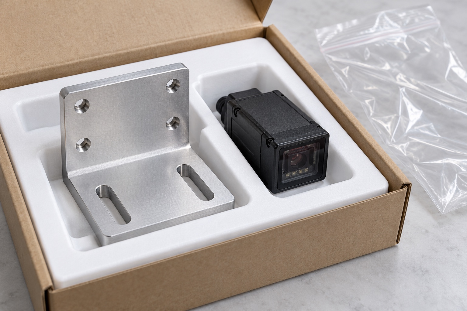 Illustrative protective packaging; not sterile delivery: 6061 Aluminum Diagnostic Barcode Reader Mount: Representative CNC Manufacturing Example