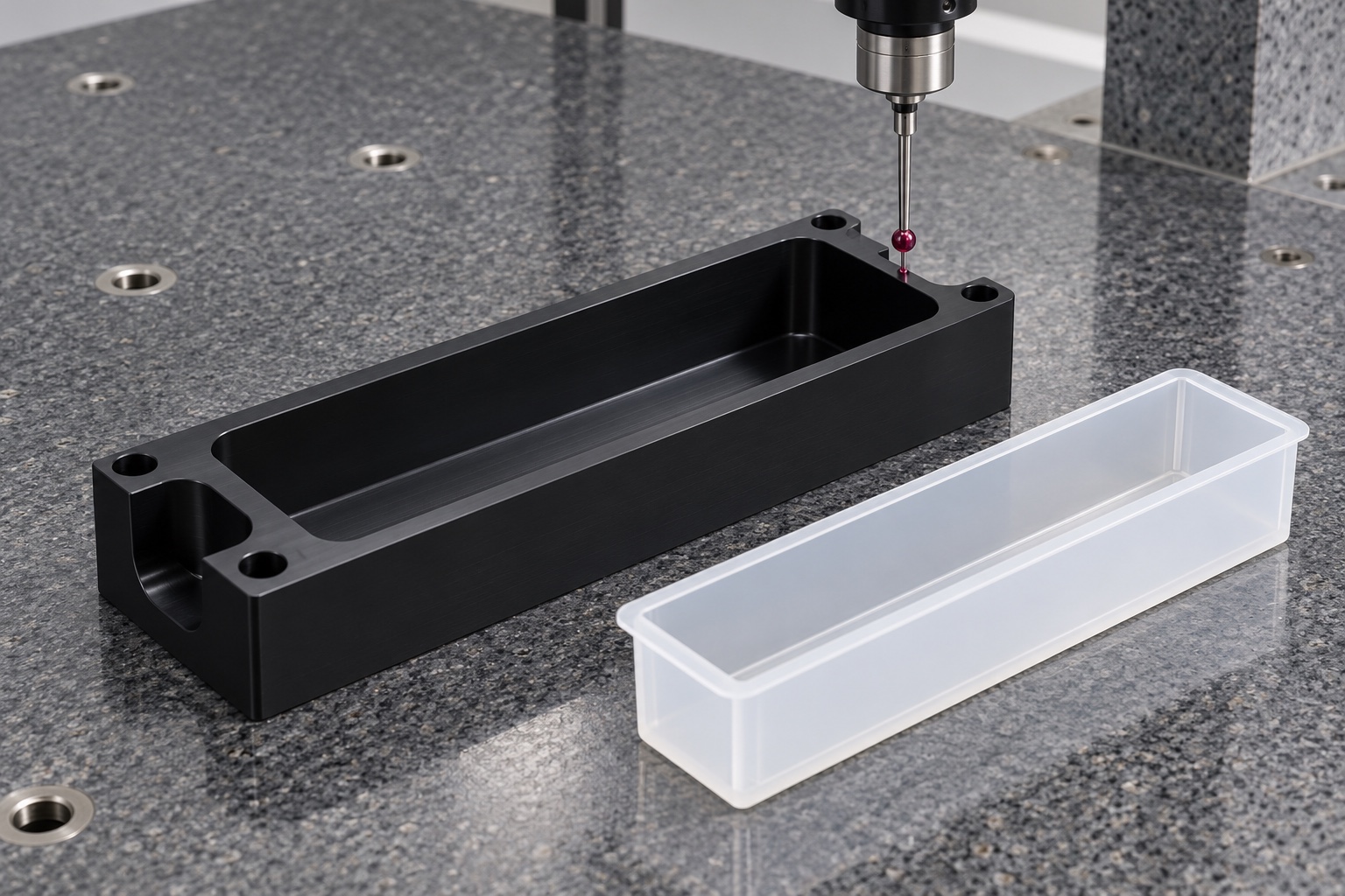 Illustrative inspection setup; no measured result: Black POM Reagent Reservoir Holder: Representative CNC Manufacturing Example
