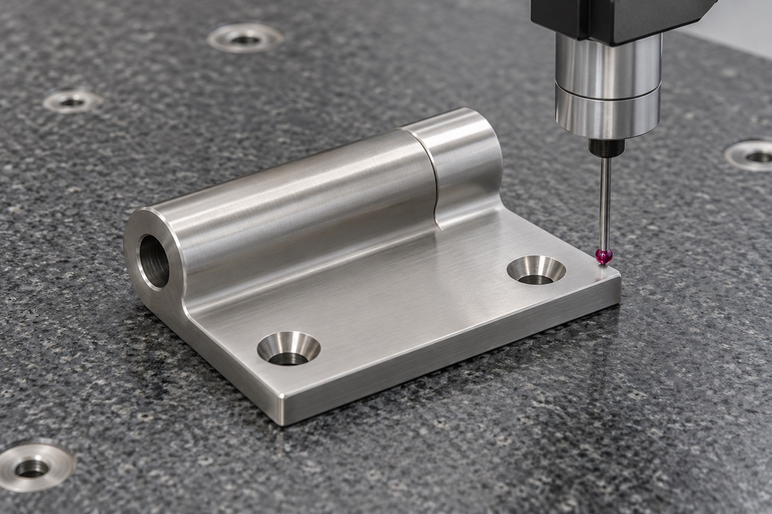 Illustrative inspection setup; no measured result: Medical Equipment Service-Door Hinge Blocks: Pin Bores, Alignment and CNC Inspection
