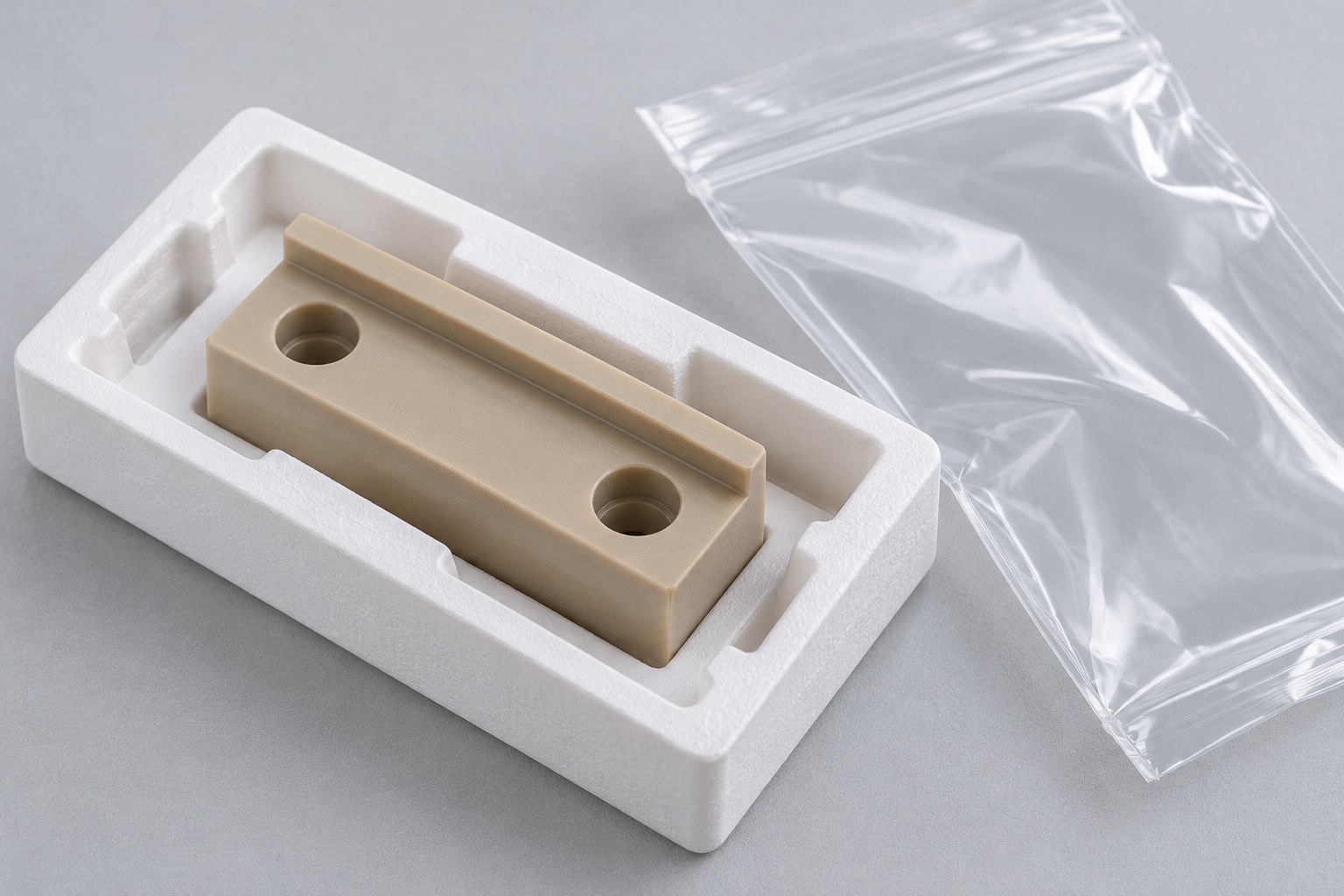 Illustrative protective packaging; not sterile delivery: PEEK Spacers for Medical Instruments: Stack Heights, Screw Clearances and CNC Inspection