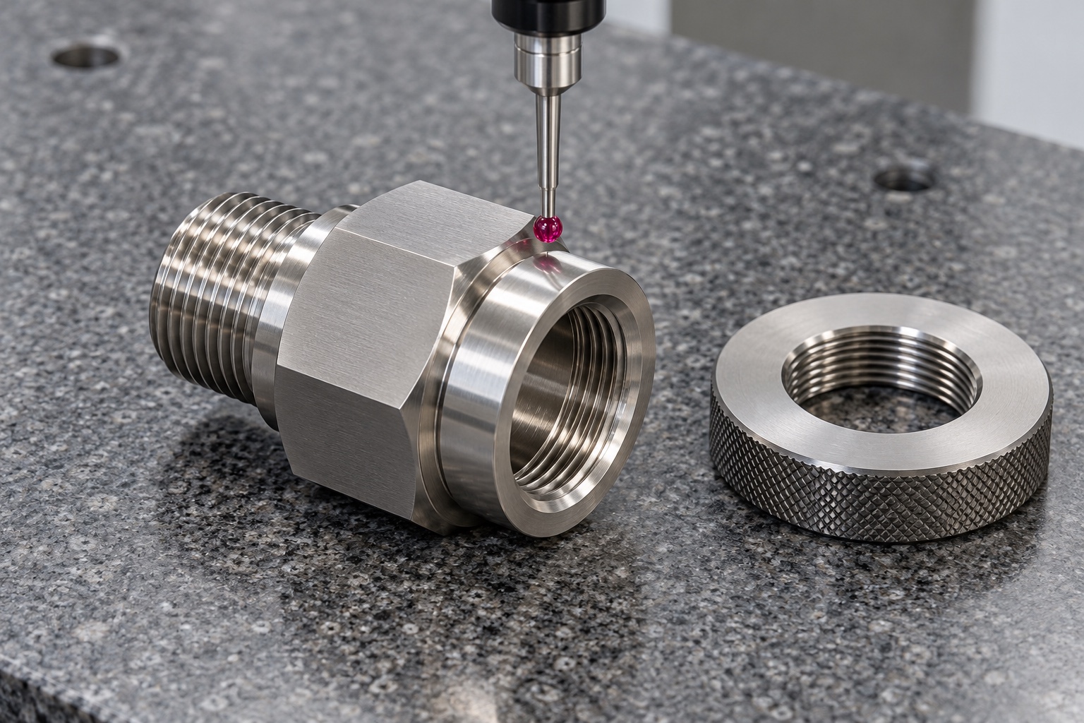 Illustrative inspection setup; no measured result: Medical Equipment Cable-Gland Adapters: Thread Identity, Sealing Faces and CNC Inspection