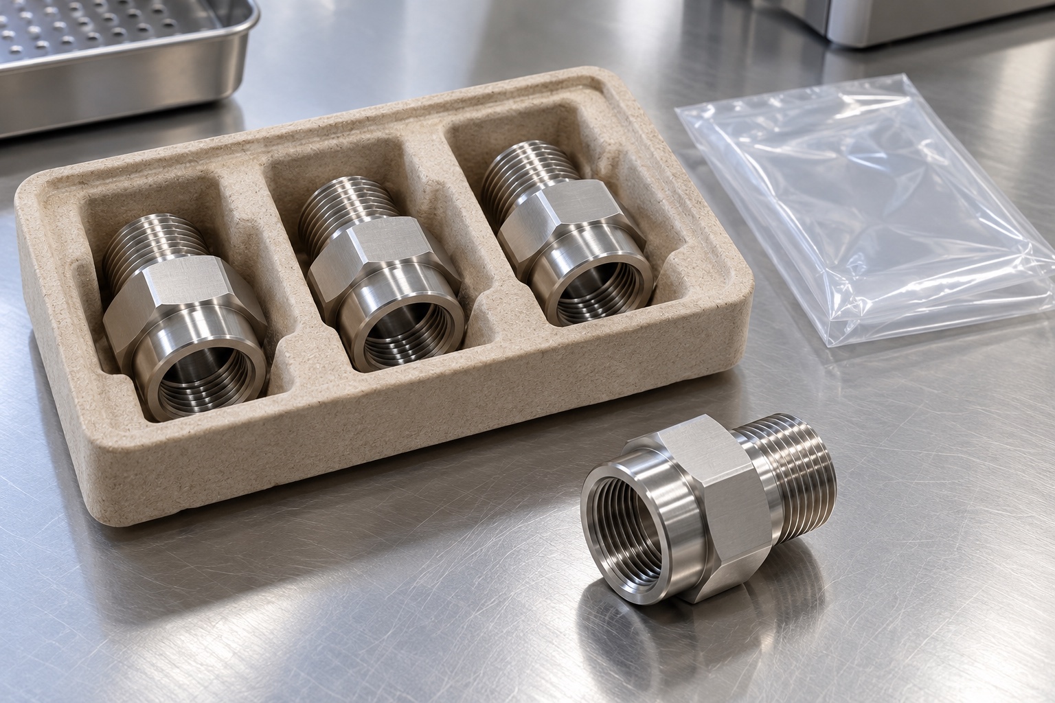 Illustrative protective packaging; not sterile delivery: Medical Equipment Cable-Gland Adapters: Thread Identity, Sealing Faces and CNC Inspection