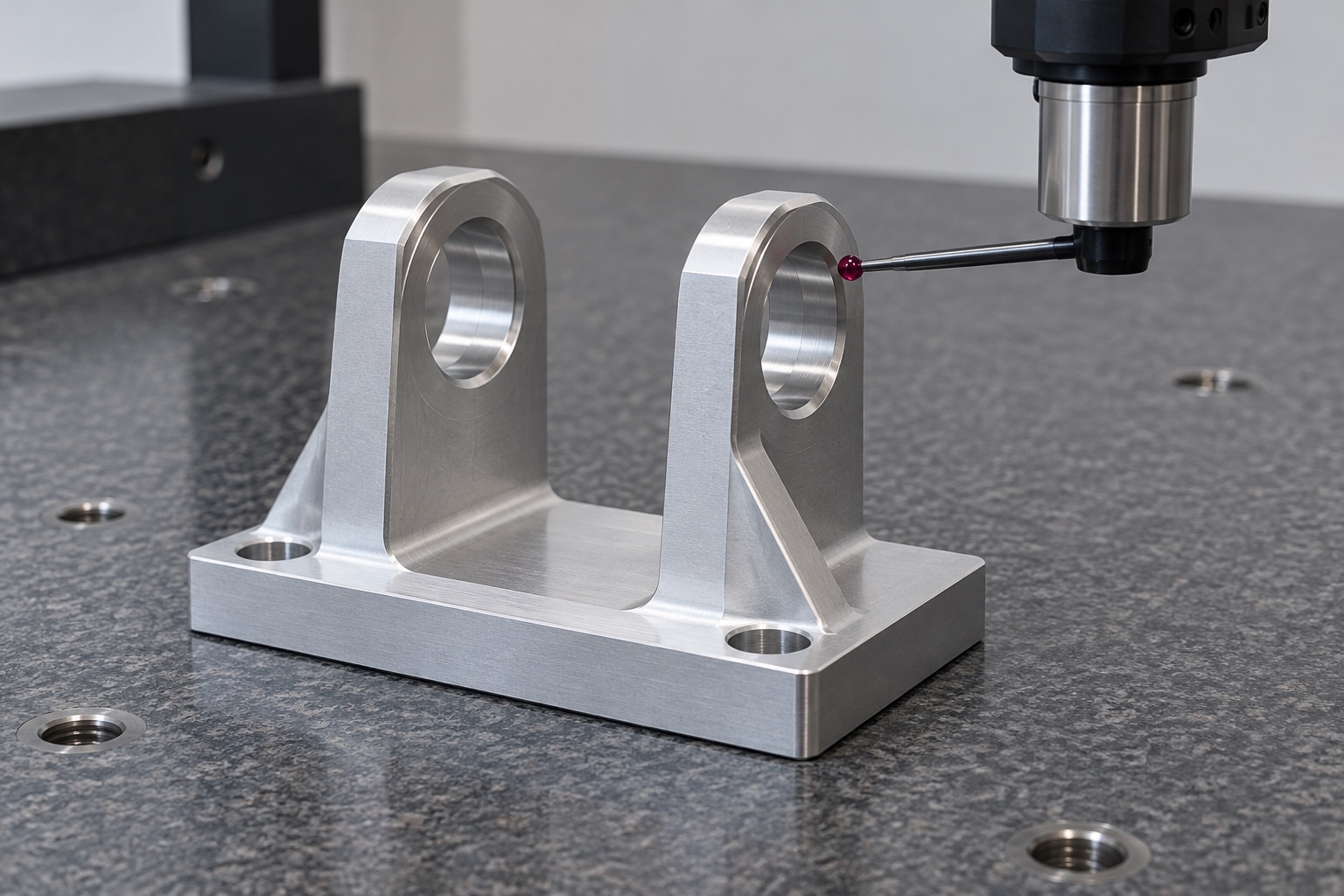 Illustrative inspection setup; no measured result: Medical Analyzer Belt-Idler Support Forks: Axle References, Clearances and CNC Inspection