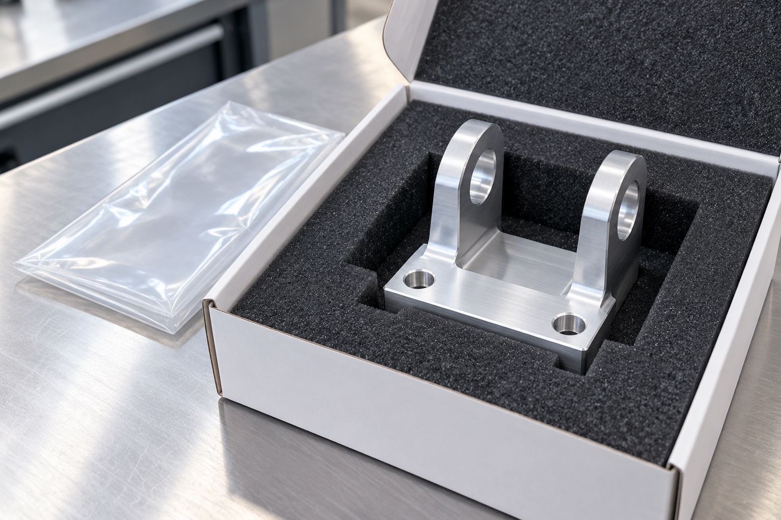 Illustrative protective packaging; not sterile delivery: Medical Analyzer Belt-Idler Support Forks: Axle References, Clearances and CNC Inspection