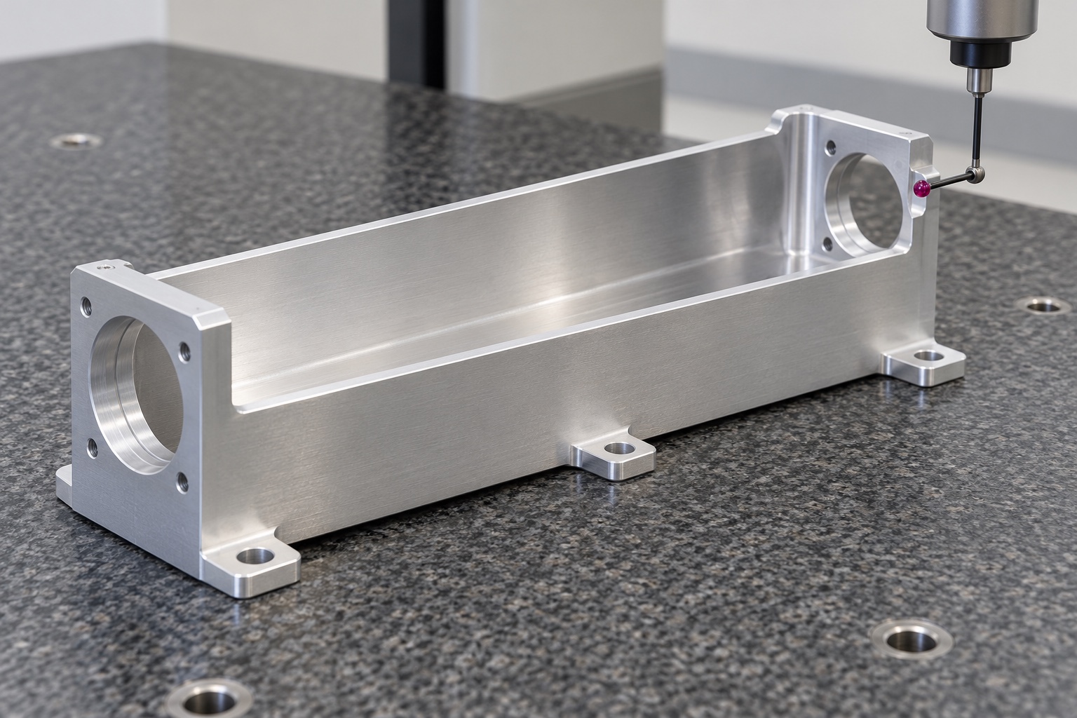 Illustrative inspection setup; no measured result: 6061 Aluminum Diagnostic Optical Baffle Body: Representative CNC Manufacturing Example