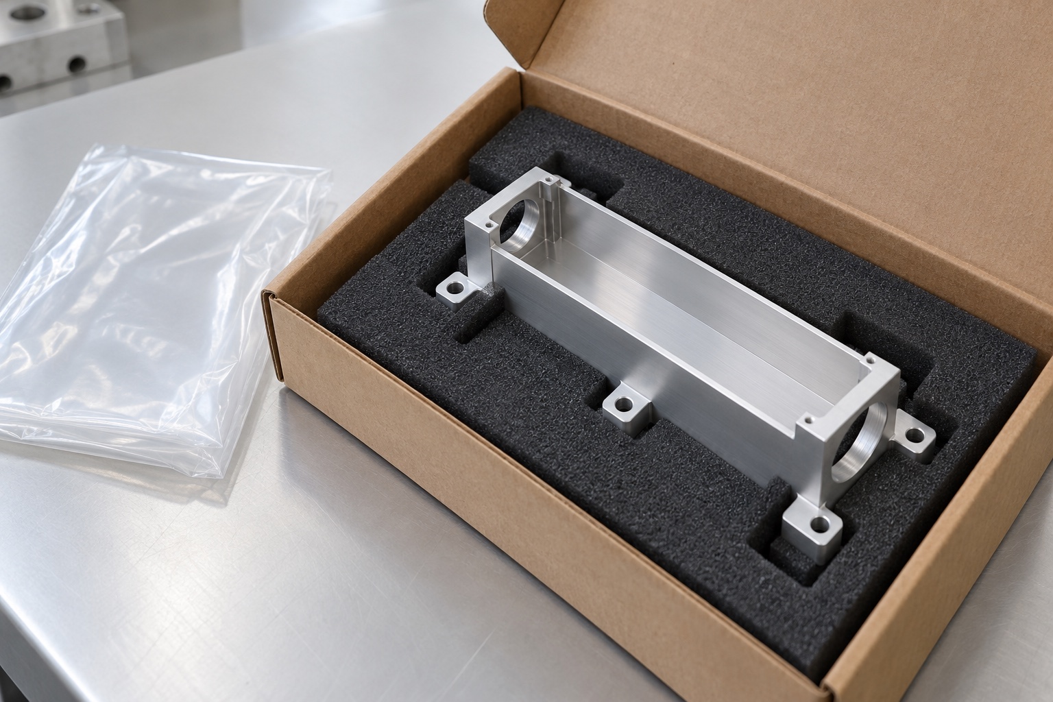 Illustrative protective packaging; not sterile delivery: 6061 Aluminum Diagnostic Optical Baffle Body: Representative CNC Manufacturing Example