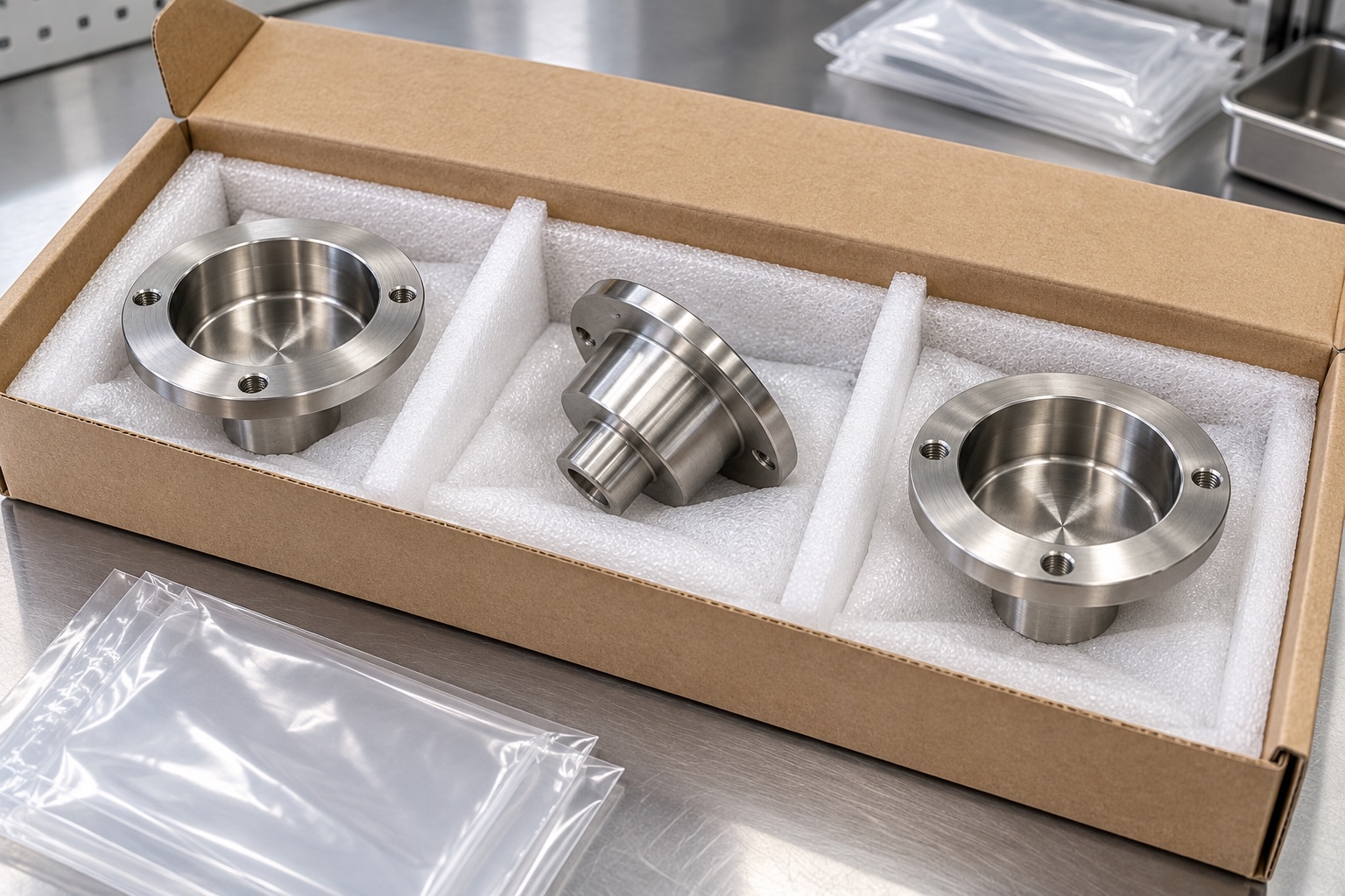 Illustrative protective packaging; not sterile delivery: 316L Medical Instrument Spring Locating Cup: Representative CNC Turning Example