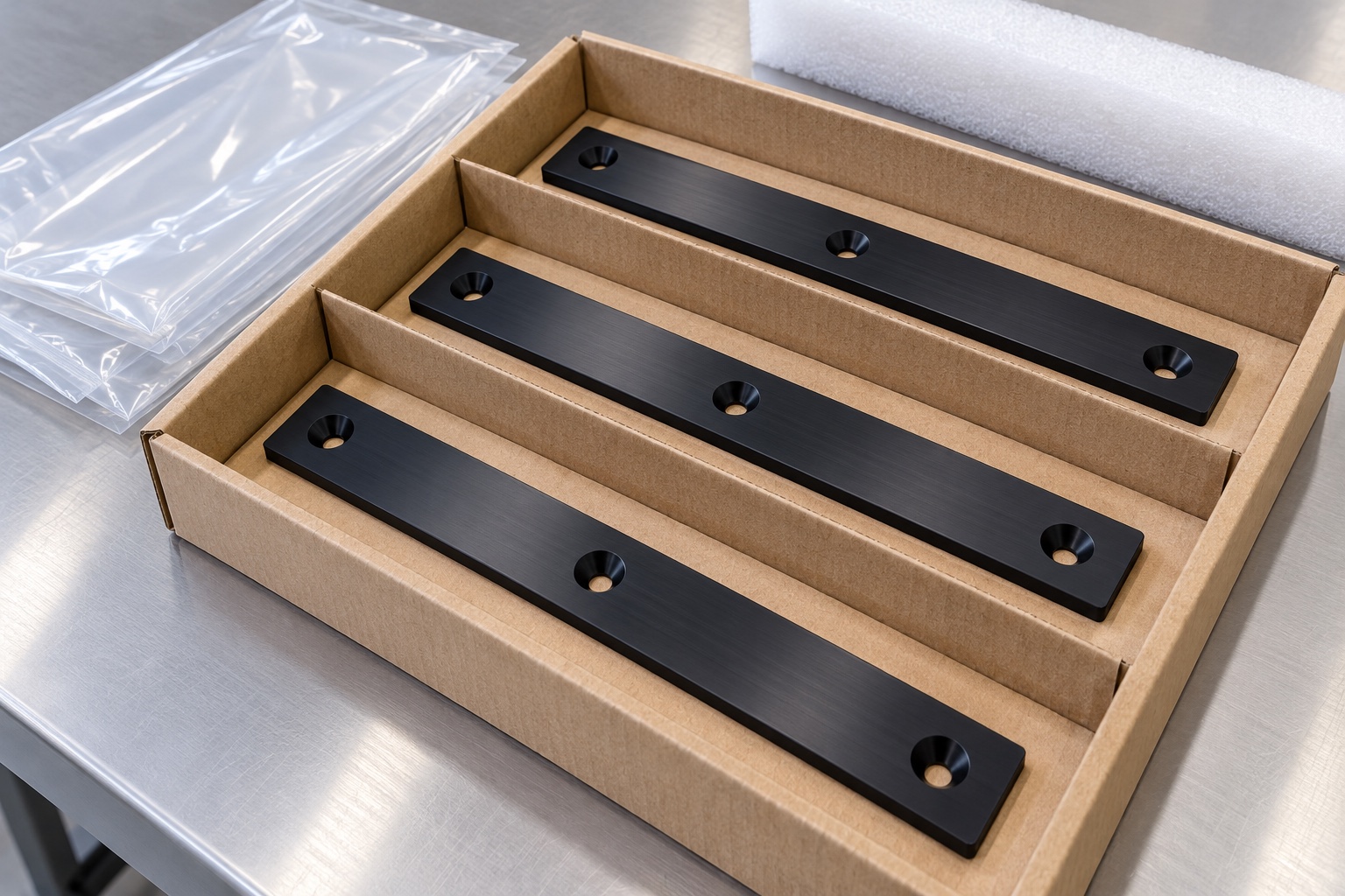 Illustrative protective packaging; not sterile delivery: Black POM Medical Equipment Drawer Wear Strip: Representative CNC Manufacturing Example