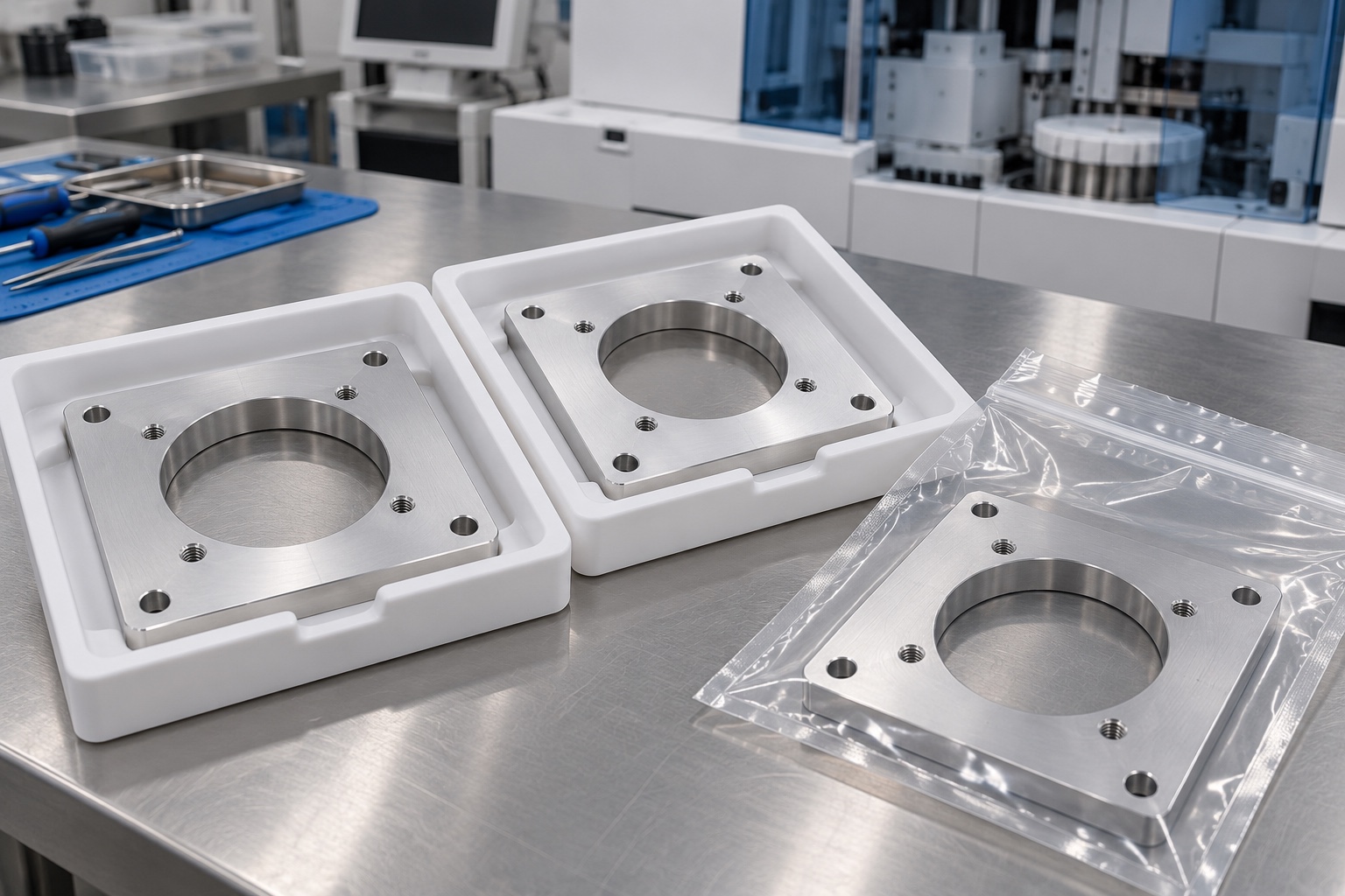 Embalaje protector ilustrativo; no es entrega estéril: Placa adaptadora de ventilador de aluminio 6061 para equipos médicos: ejemplo representativo CNC