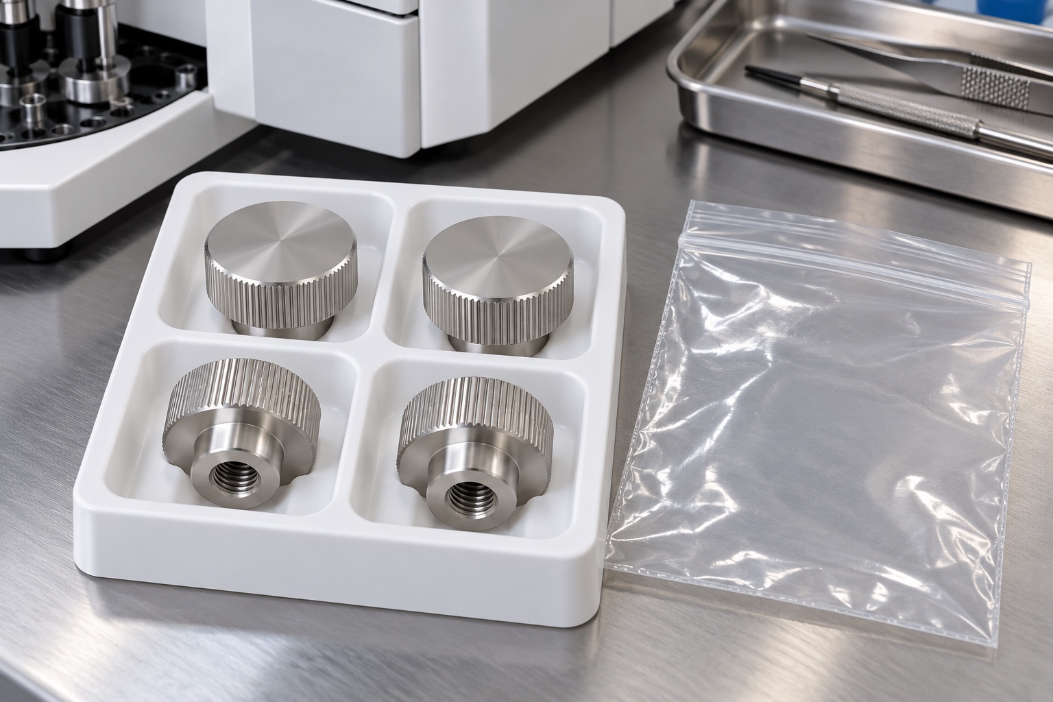 Illustrative protective packaging; not sterile delivery: Medical Instrument Threaded Adjustment Knobs: Engagement, Contact Faces and CNC Inspection