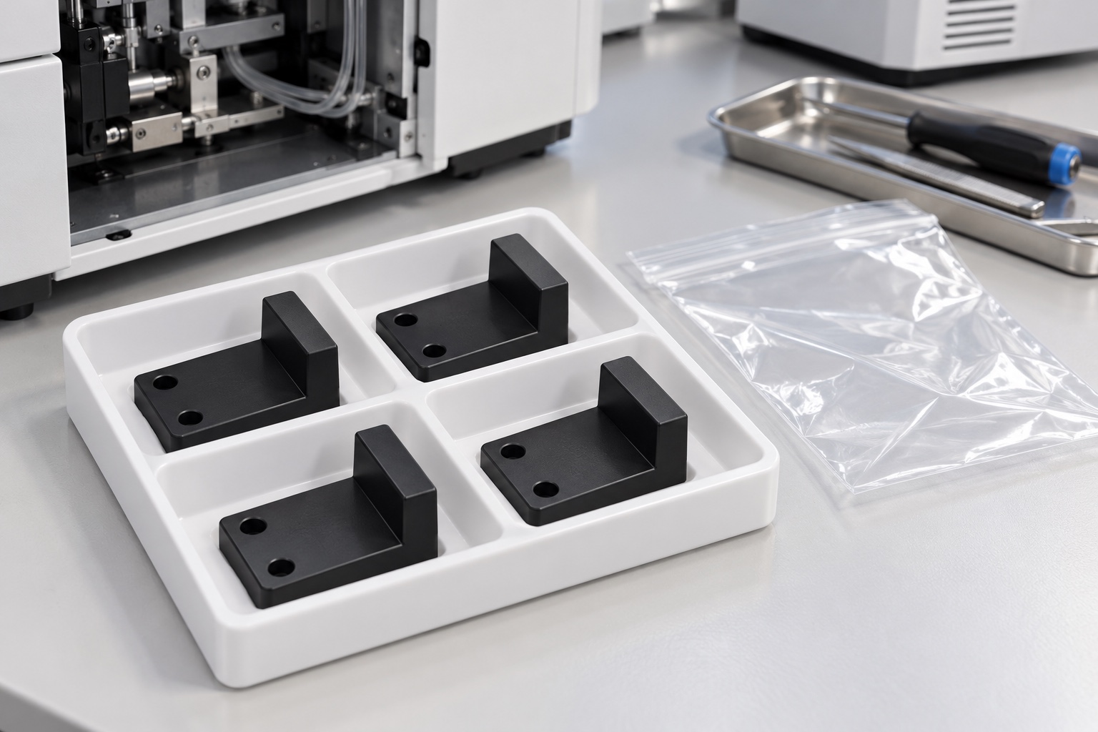 Illustrative protective packaging; not sterile delivery: Medical Equipment Service-Door Stop Blocks: Contact Geometry, Polymer Machining and Inspection