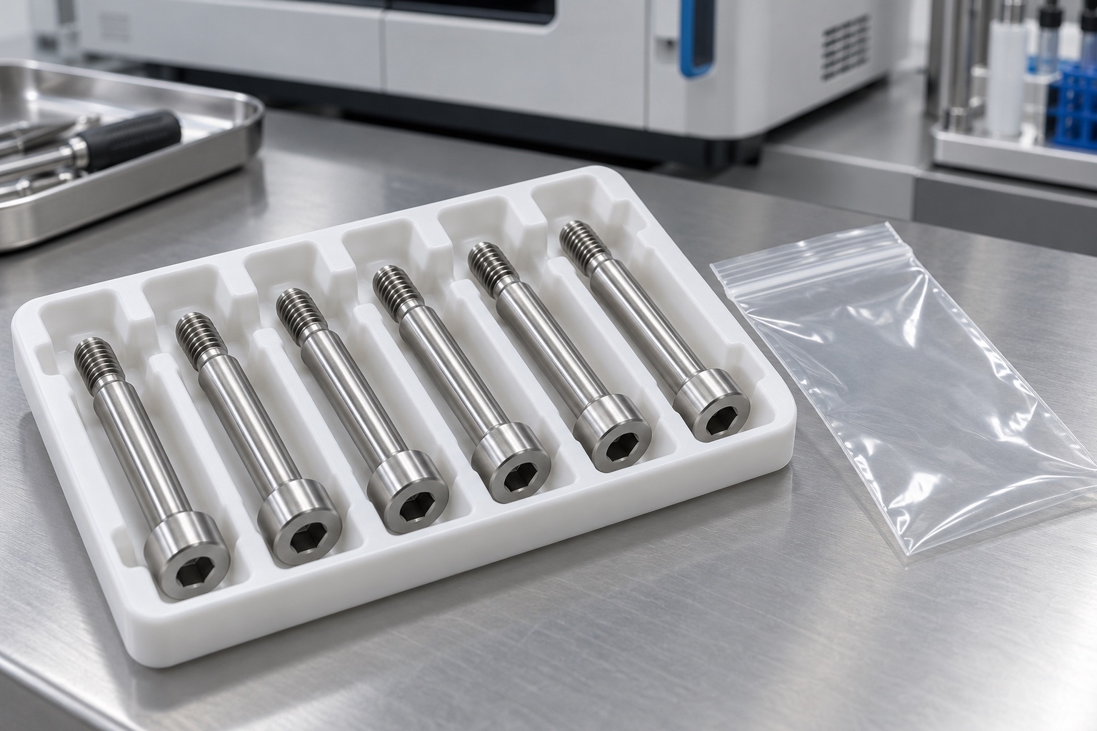 Illustrative protective packaging; not sterile delivery: Medical Equipment Shoulder Screws: Shoulder Length, Thread Relief and CNC Inspection