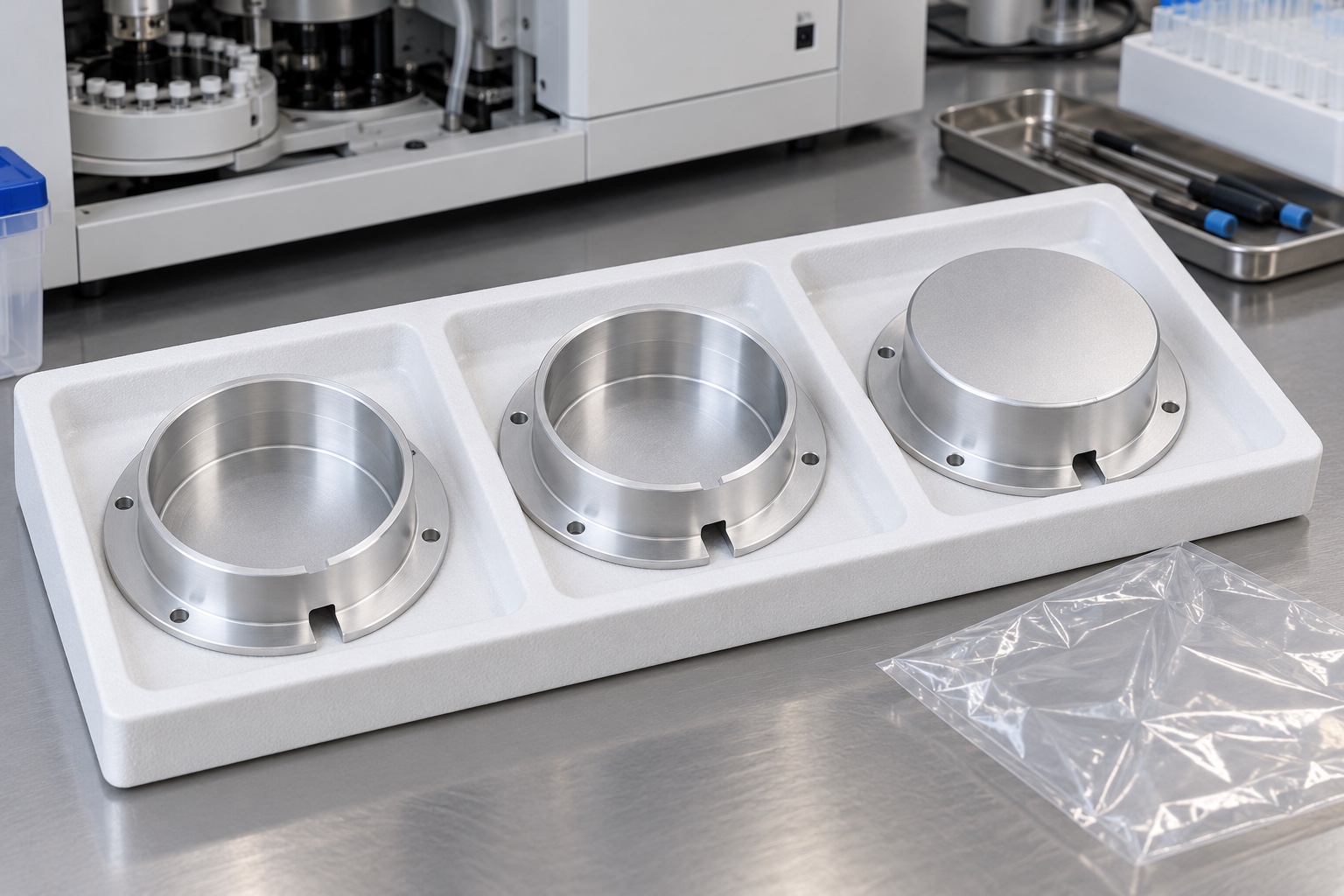 Illustrative protective packaging; not sterile delivery: Medical Analyzer Encoder Covers: Internal Clearance, Cable Access and CNC Inspection