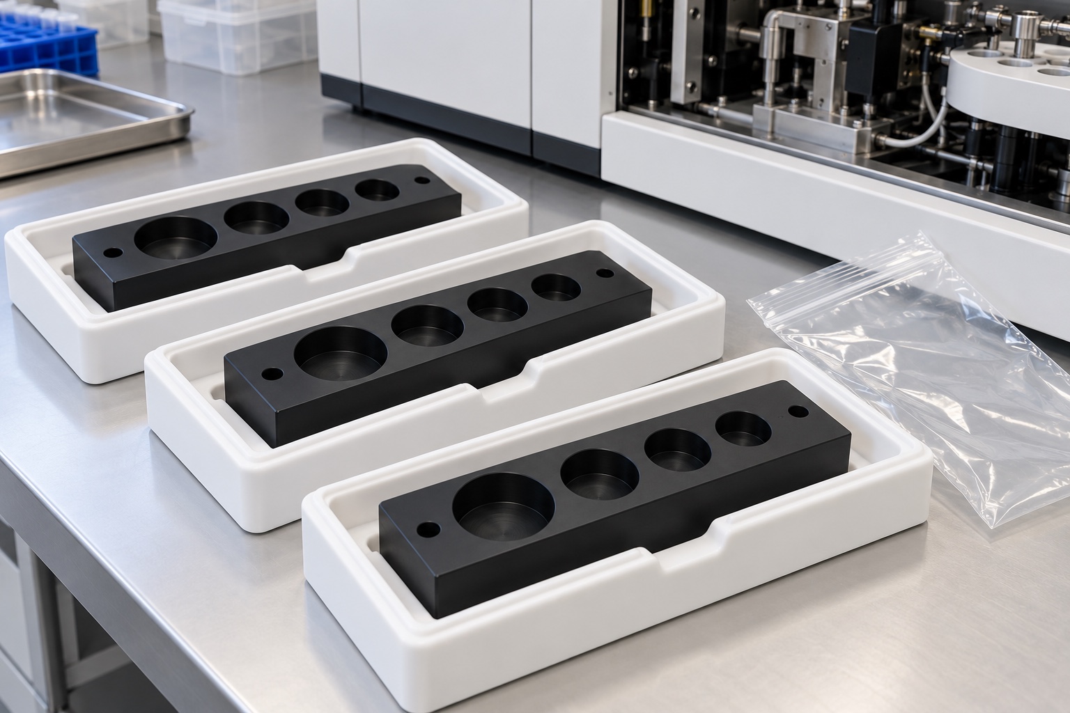 Illustrative protective packaging; not sterile delivery: Medical Equipment Service-Tool Nesting Blocks: Pocket Access, Tool Identity and CNC Inspection