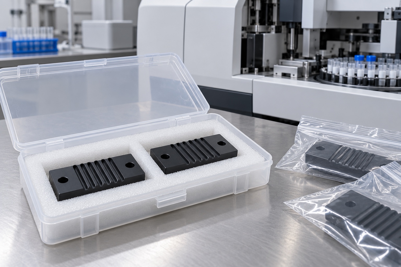 Illustrative protective packaging; not sterile delivery: Medical Analyzer Timing-Belt Clamps: Tooth Match, Engagement and CNC Inspection
