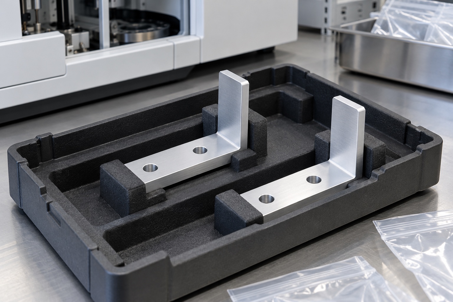 Illustrative protective packaging; not sterile delivery: Medical Analyzer Sensor Flags: Beam Crossing, Mounting References and CNC Inspection