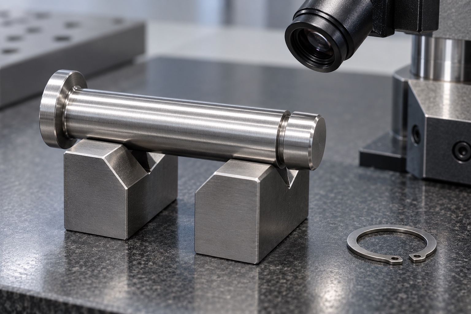 Illustrative inspection setup; no measured result: Medical Equipment Grooved Pivot Pins: Journal Geometry, Ring Seats and CNC Inspection