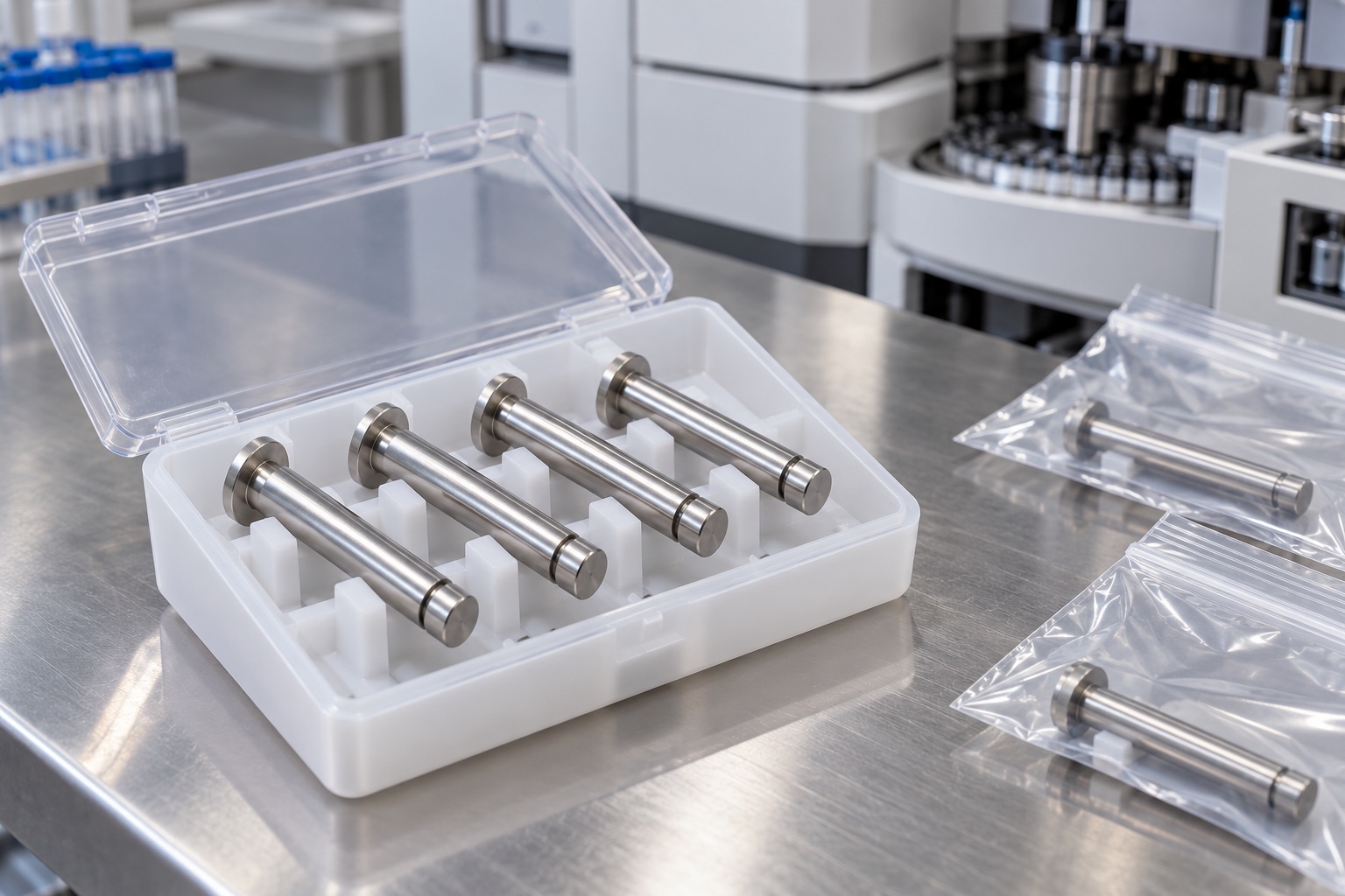 Illustrative protective packaging; not sterile delivery: Medical Equipment Grooved Pivot Pins: Journal Geometry, Ring Seats and CNC Inspection