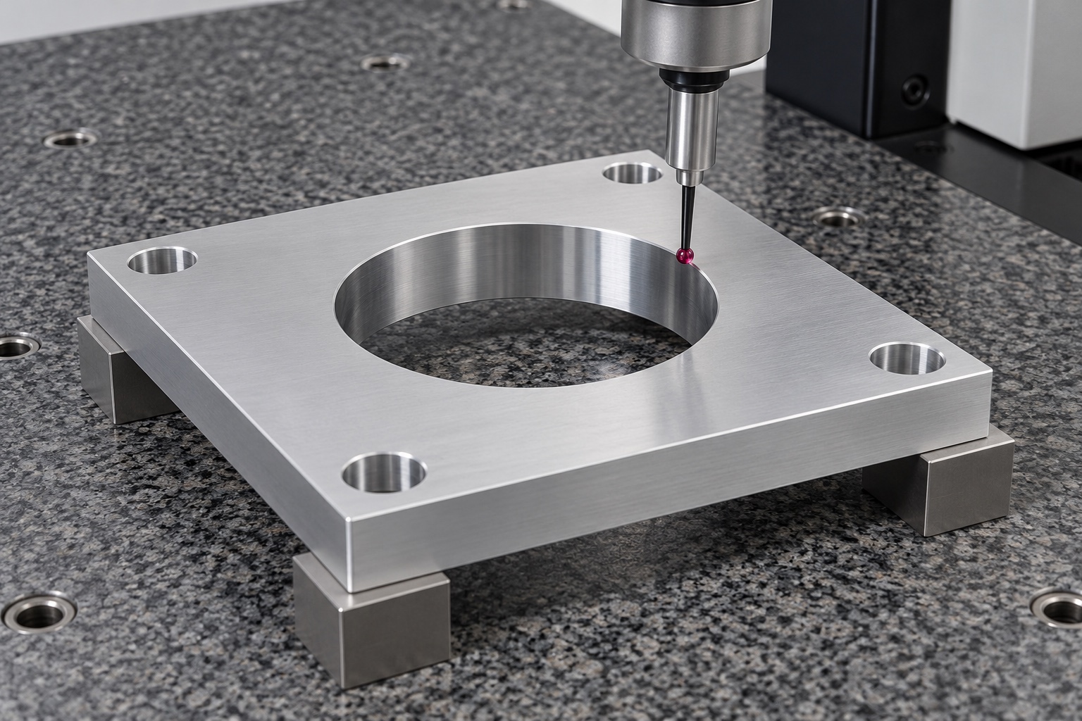 Illustrative inspection setup; no measured result: Medical Analyzer Miniature-Pump Mounting Plates: Interfaces, Access and CNC Inspection