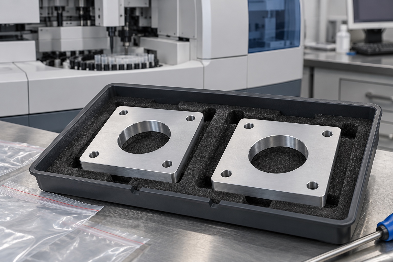 Illustrative protective packaging; not sterile delivery: Medical Analyzer Miniature-Pump Mounting Plates: Interfaces, Access and CNC Inspection