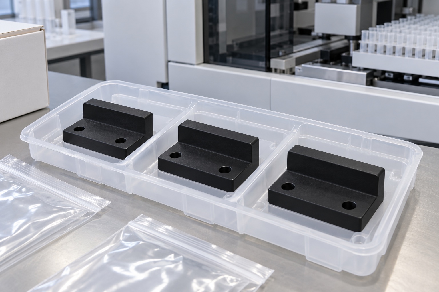 Illustrative protective packaging; not sterile delivery: Medical Laboratory Sample-Rack Locator Shoes: Contacts, Clearances and CNC Inspection