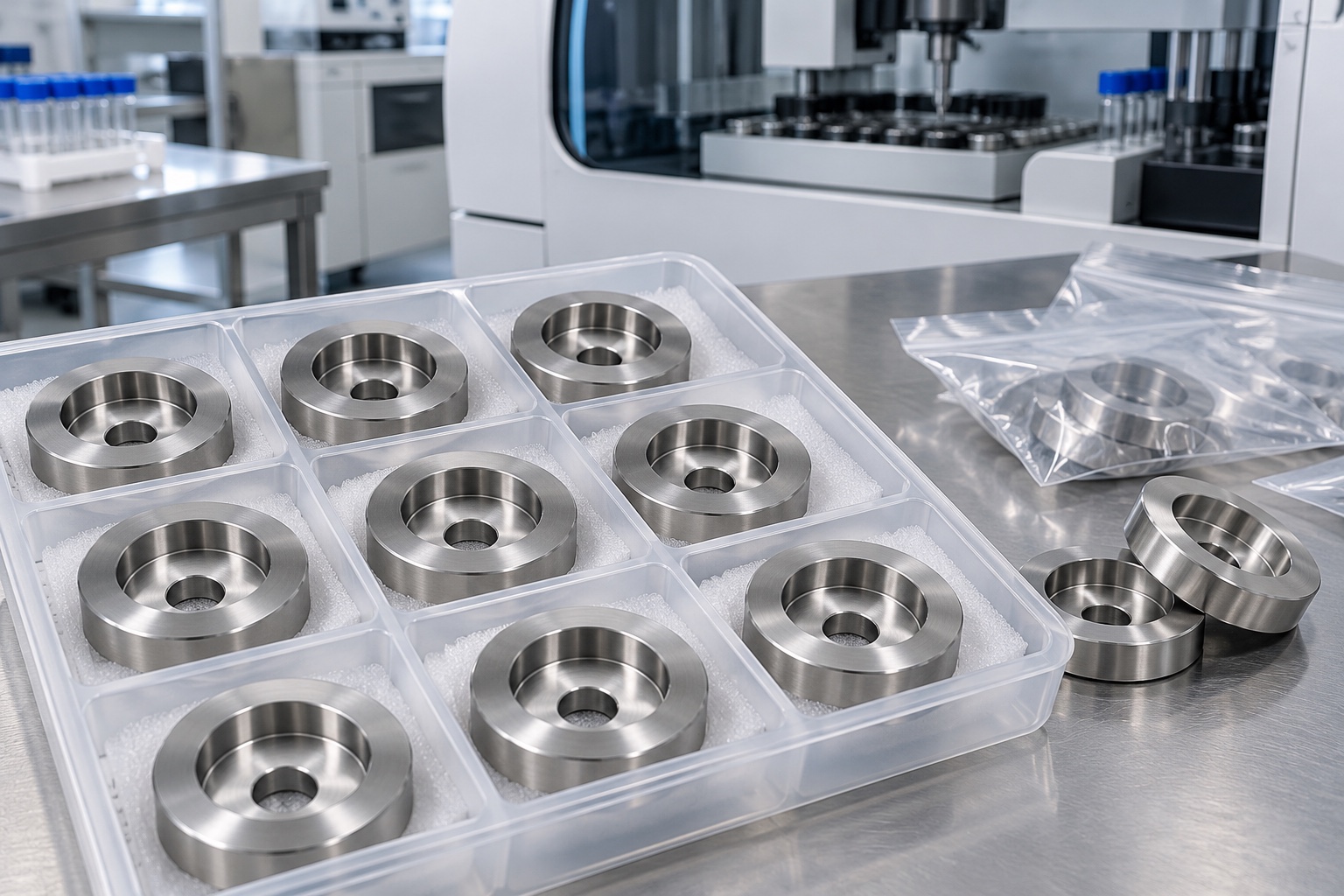 Illustrative protective packaging; not sterile delivery: Medical Equipment Counterbored Mounting Washers: Seat Depth, Contact Faces and CNC Inspection
