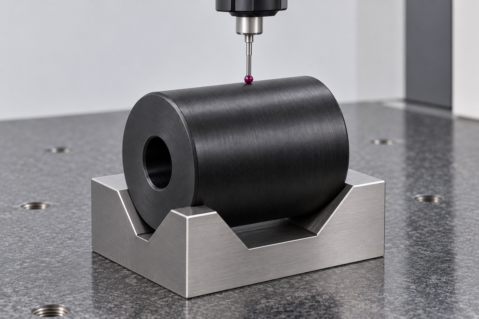 Illustrative inspection setup; no measured result: Medical Laboratory Tray Support Rollers: Bore References, Running Surfaces and CNC Inspection