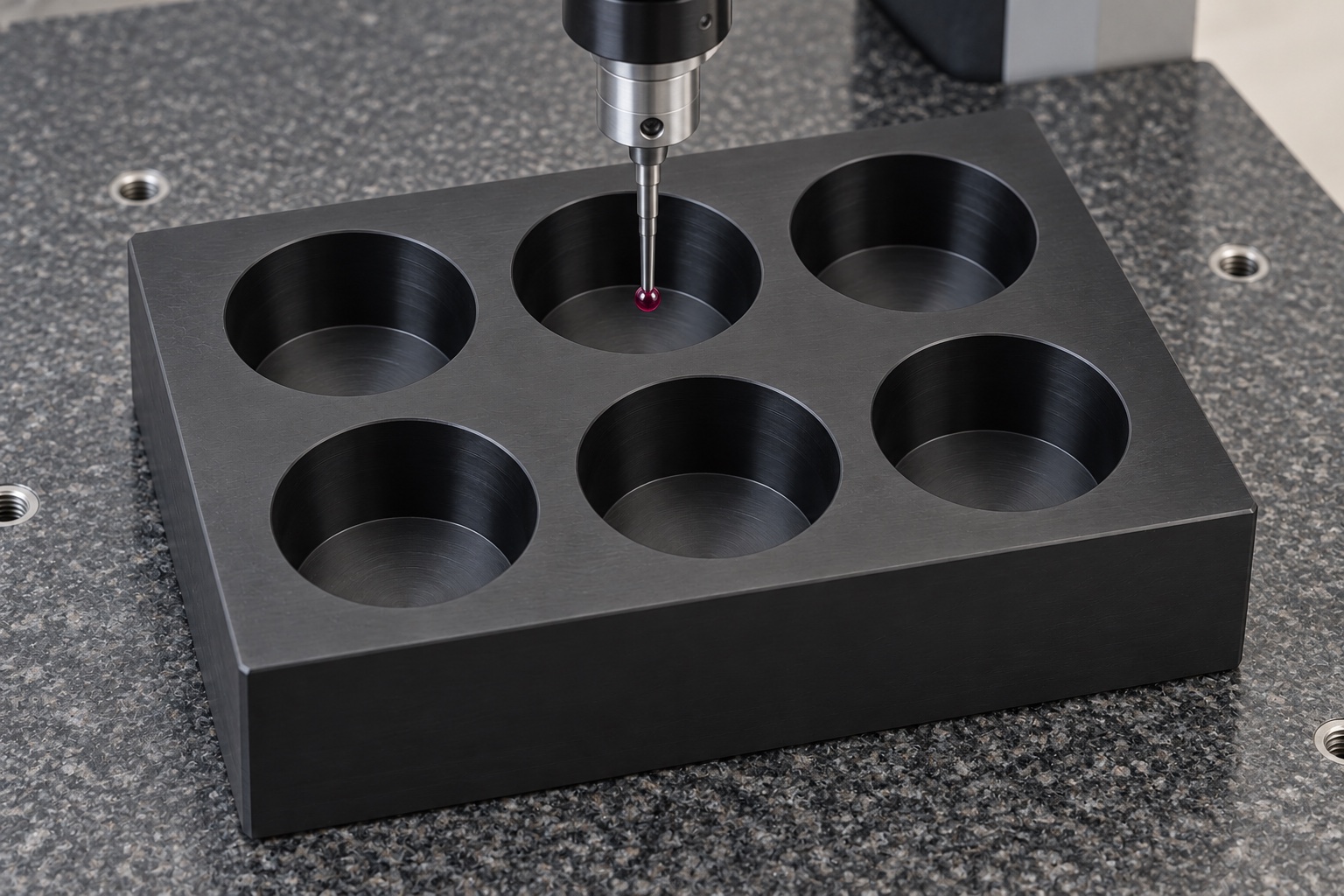 Illustrative inspection setup; no measured result: Closed-Tube Cap Parking Blocks for Medical Laboratories: Pockets, Contact Limits and CNC Inspection